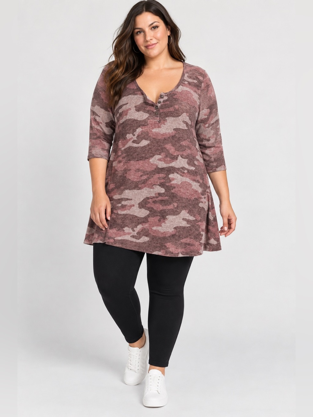 Penningtons Pink Camo 3/4 Sleeves Plush Dress Tunic Henley Size 0X XL Stretchy